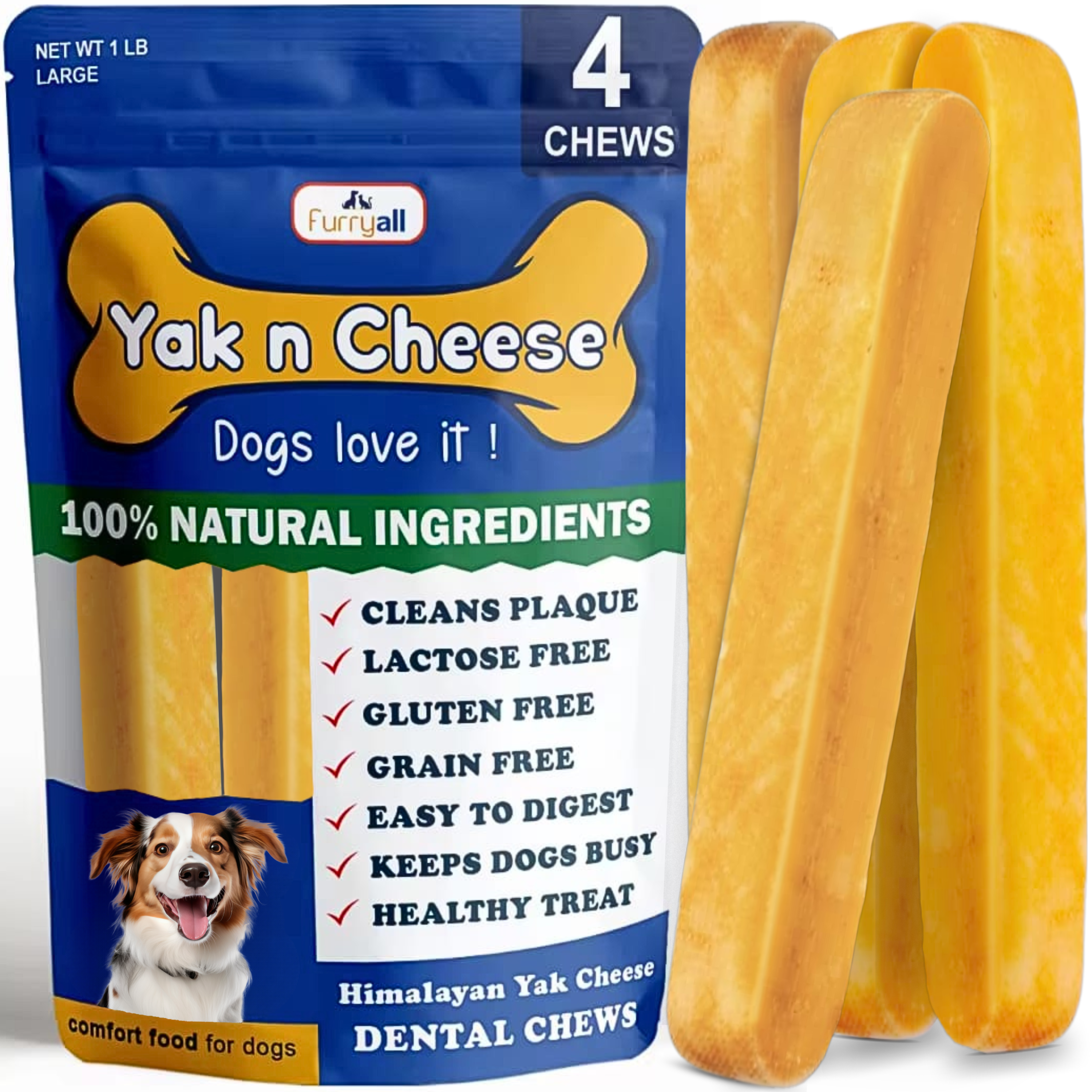 Yak Cheese Himalayan Dog Chews, Premium Yak Chews; All-Natural Long Lasting Yak Cheese for Even The Most Aggressive Chewers, Yak Chews for Large Dogs & for Small, Medium, All Breeds, Large 4 Pack-1lb